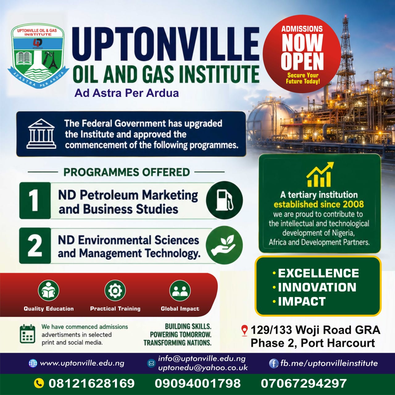 Uptonville Oil and Gas Institute admissions advert for ND Petroleum Marketing and Business Studies and ND Environmental Sciences and Management Technology programmes